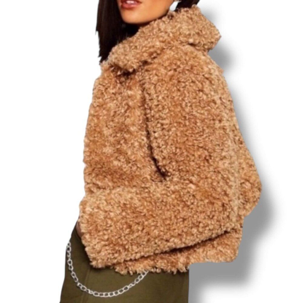 Women's Brown Cropped Faux Fur Sherpa Teddy Jacket NWT